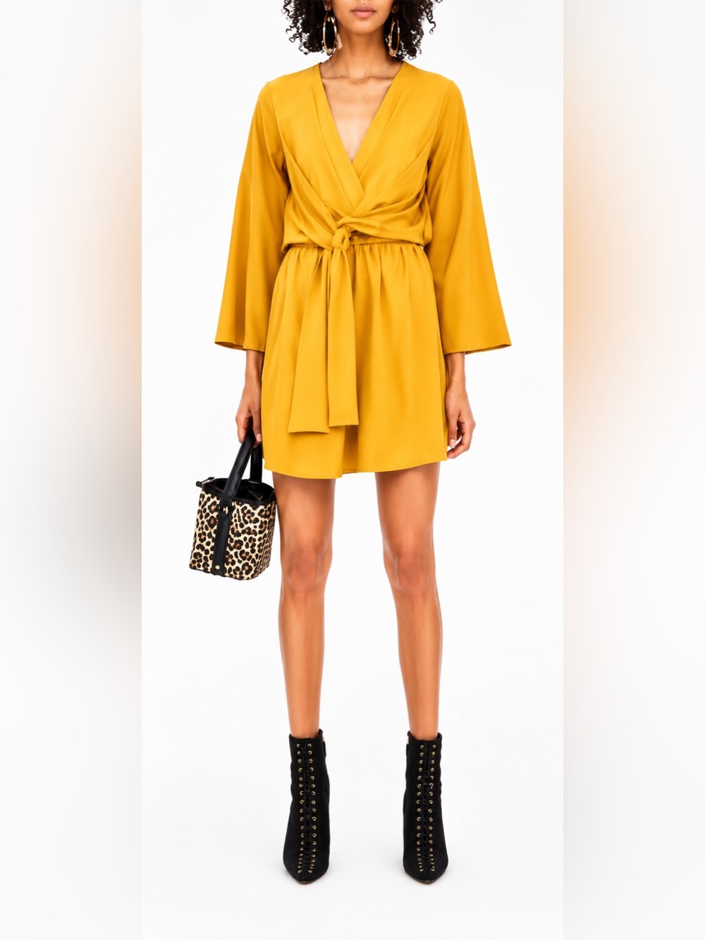 Topshop Yellow Wrap Tie Waist Mini Dress Long Sleeve Size 8
